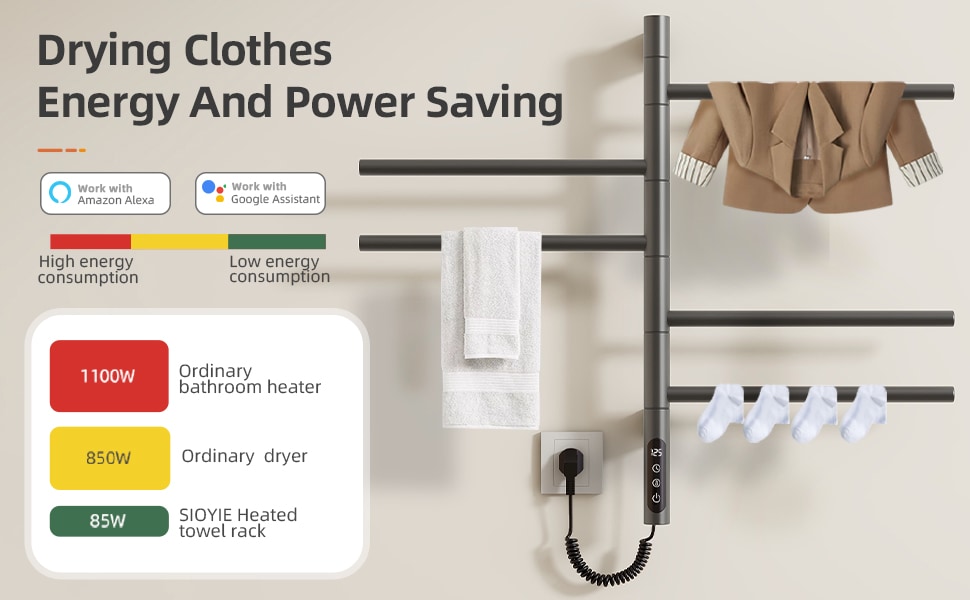 SIOYIE Smart Rotating Heated Towel Rack For Bathroom, Wall-Mounted Electric Towel Dryer With Swivel Bars, Smart Timer, Low Carbon Steel, IPX5, Plug-in/Hardwired, Towel Warmer With Wi-Fi App ControlW_voghion.com